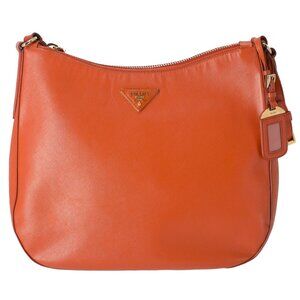 PRADA Triangle Logo Shoulder Bag Hobo Orange Saffiano Leather